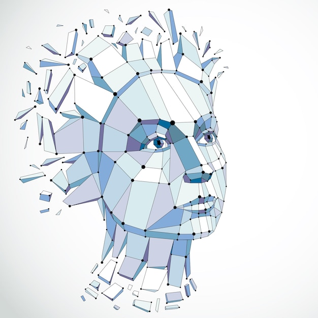 3d vector illustration of human head created in low poly style. Face of pensive female, smart person. Intelligence allegory, artistic deformed wireframe object broken into splinters and fragments.