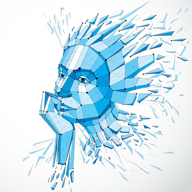 3d vector illustration of human head created in low poly style. Face of pensive female, smart person. Intelligence allegory, artistic deformed wireframe object broken into splinters and fragments.