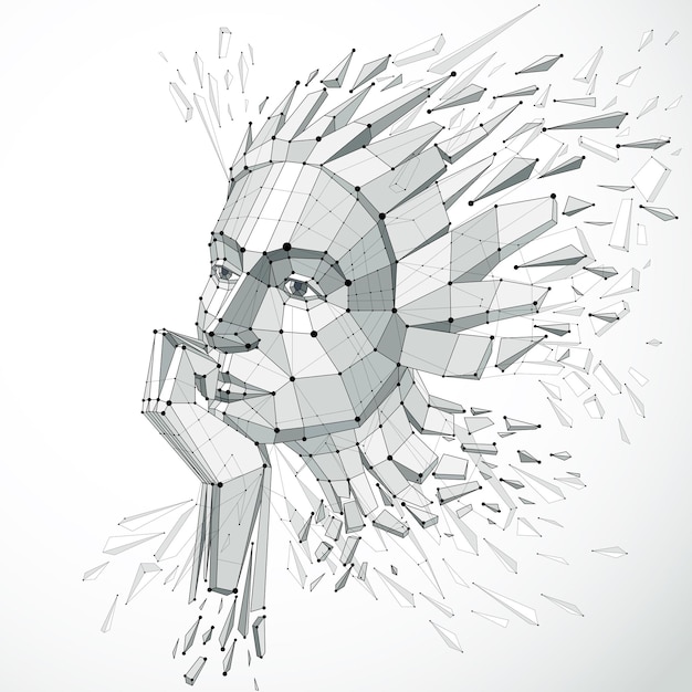 3d vector illustration of human head created in low poly style. Face of pensive female, smart person. Intelligence allegory, artistic deformed wireframe object broken into splinters and fragments.