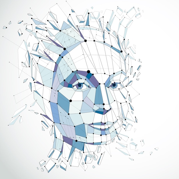 3d vector illustration of human head created in low poly style. Face of pensive female, smart person. Intelligence allegory, artistic deformed wireframe object broken into splinters and fragments.