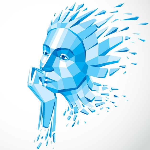 3d vector illustration of human head created in low poly style. Face of pensive female, smart personality. Intelligence allegory, artistic deformed object broken into splinters and fragments.
