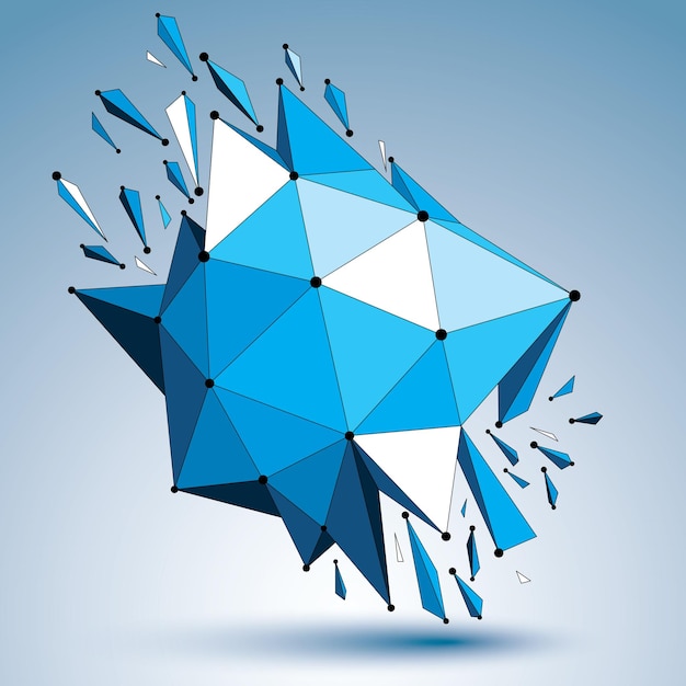 3d vector low poly deformed object with connected black and white lines and dots, colorful geometric wireframe shape with fractures. Asymmetric perspective shattered form.