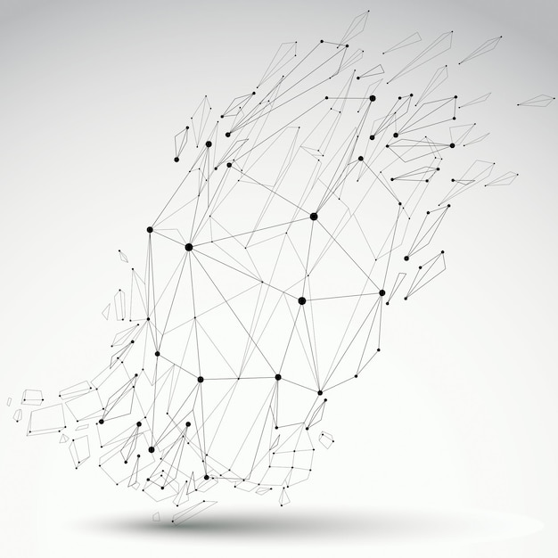 3d vector low poly object with black connected lines and dots, geometric wireframe shape with refractions. Asymmetric perspective shattered grayscale form with thread.