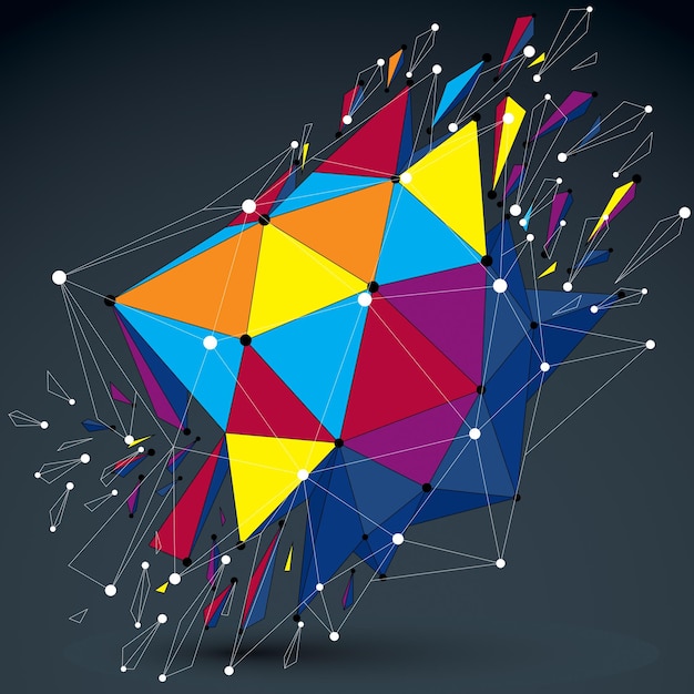 3d vector low poly object with connected lines and dots, colorful digital geometric wireframe shape with different particles. Asymmetric bright perspective shattered form.