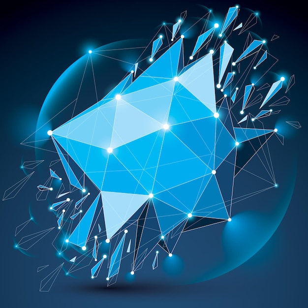 3d vector low poly object with sparkles, white connected lines and dots, geometric wireframe shape with refractions. Radiance perspective colorful shattered form.