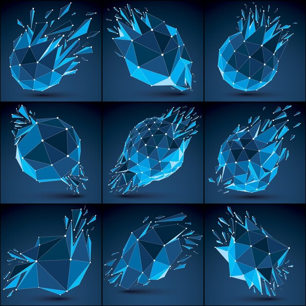 3d vector low poly objects with blue connected lines and dots, set of geometric wireframe shapes with refractions. Deformed perspective shattered forms. Luminescent effect, communication technology.