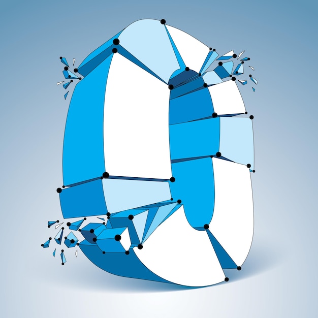 3d vector low poly zero number with black connected lines and dots, geometric wireframe font with broken fragments. Perspective shattered digit with thread.