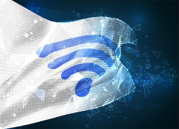 3d vector mesh flag of wi-fi wave, virtual abstract 3D object from triangular polygons on a blue background