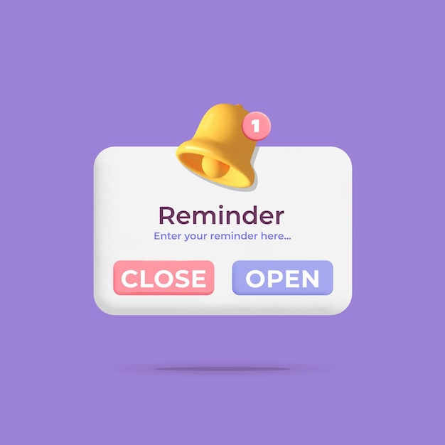 3d vector reminder or warning push notification window with bell symbol mockup design illustration.