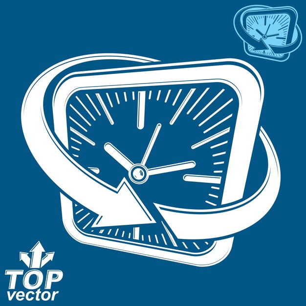 3d vector white square wall clock with arrow around, invert version included. Time idea perspective classic symbol. Time management conceptual elegant icon, corporate emblem.