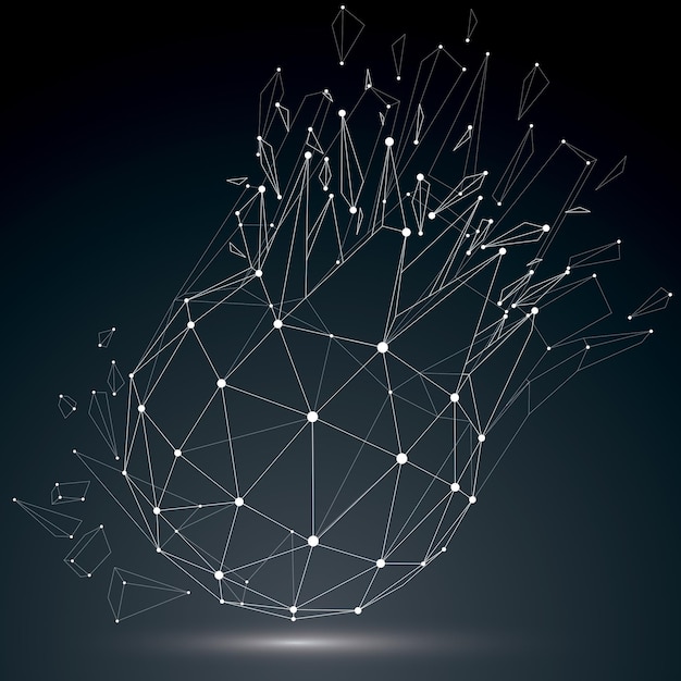 3d vector wireframe object broken into different particles, geometric polygonal structure with white lines mesh. Low poly cybernetic shattered shape with luminescent effect. Digital technology art.