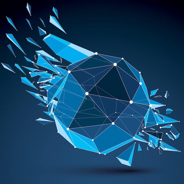 3D-vektor digital trådram sfäriskt objekt trasigt i olika partiklar och fragment, geometrisk polygonal struktur med vita linjer nät. Låg poly tydlig blå krossad form, gitterform.