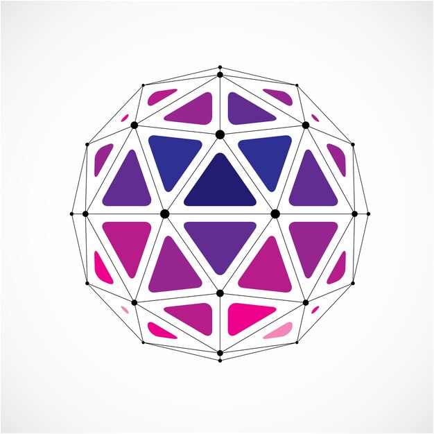 3D-vektor lav poly sfærisk objekt med sorte forbundne linjer og prikker, geometrisk lilla trådnetform. Perspektivkugle skabt med trekantede facetter.