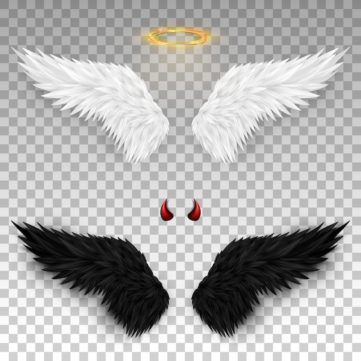 Vektör 3d white angel wings with golden nimbus halo and black devil wings with red daemon horns