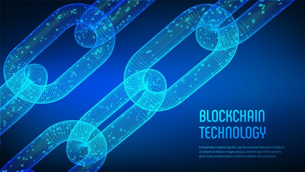 3d wireframe chain with digital code. blockchain .