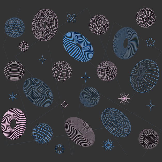 3D wireframe geometric objects from a linear grid Retrofuturistic set of elements Cyberpunk style perspective figures Vector collection