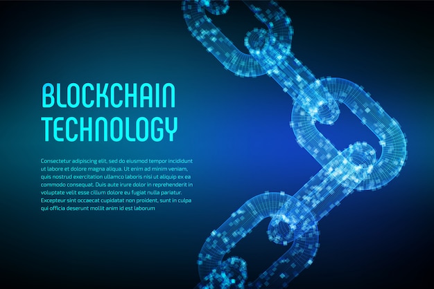 3D wireframe kæde med digitale blokke. Blockchain.
