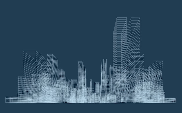 3D wireframe perspective of building Abstract wireframe city background