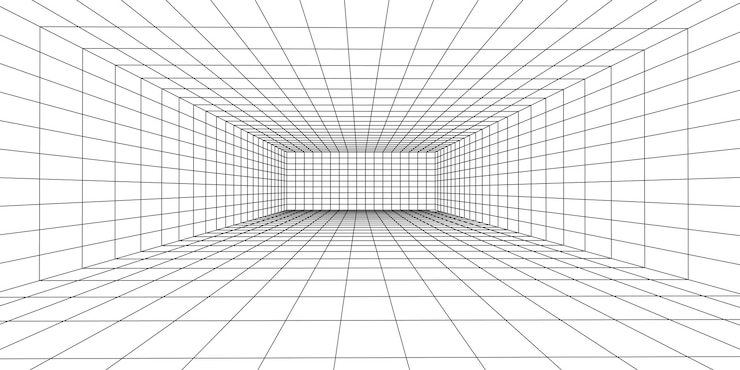 Vektor 3d wireframe room white on blue background abstract perspective grid vector illustration