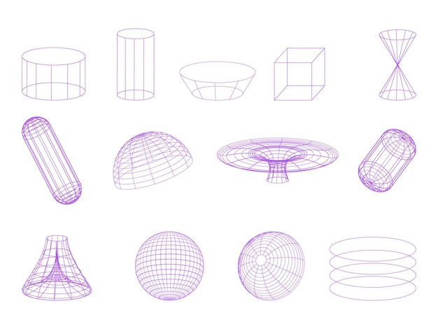 3d wireframe set in color purple Abstract aesthetic y2k geometric elements