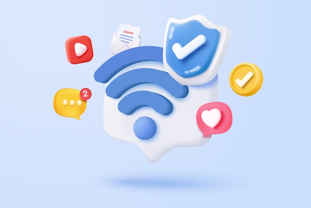 3d wireless connection and sharing network with shield protection icon Hotspot access point for digital online coverage Broadcast area with WiFi 3d wireless signal icon render vector illustration