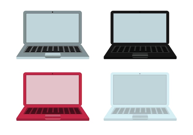 4 laptops - white, gray, black and red, front view, on a white isolated background. Vector illustration.