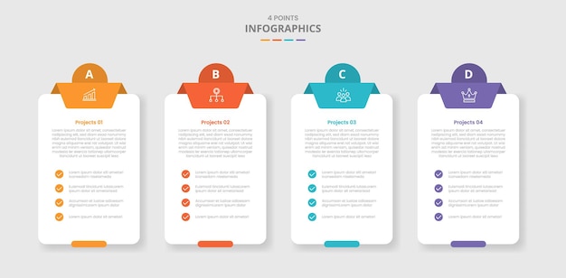 4 points template comparison concept for infographic with box table container with checklist and circle badge top with drop shadow style with two point list information