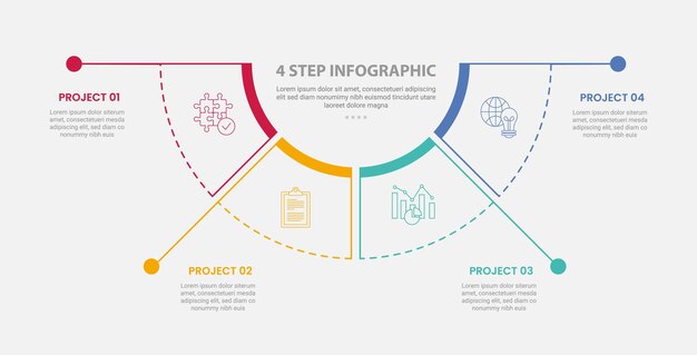 4 points template infographic outline style with 4 point step template with half circle pie chart separated with long line dot for slide presentation