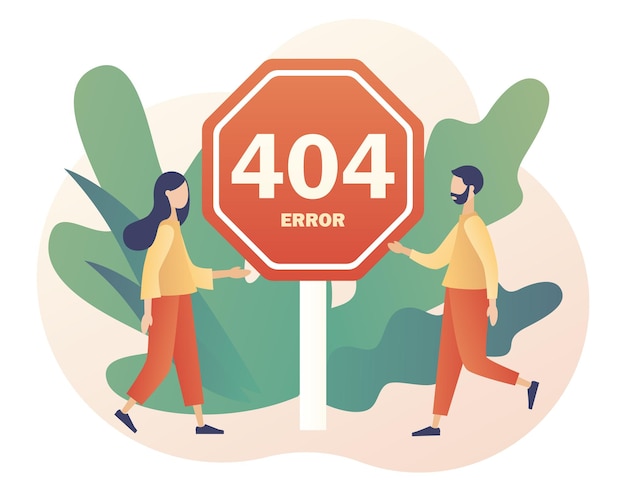 404 error - sign and tiny people. system updates, installation programs, system maintenance. page