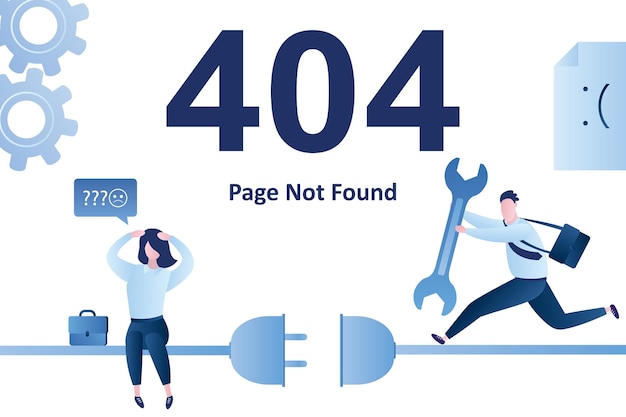 404 errorpage not found landing page template Sad female busnesswoman and running male programmer