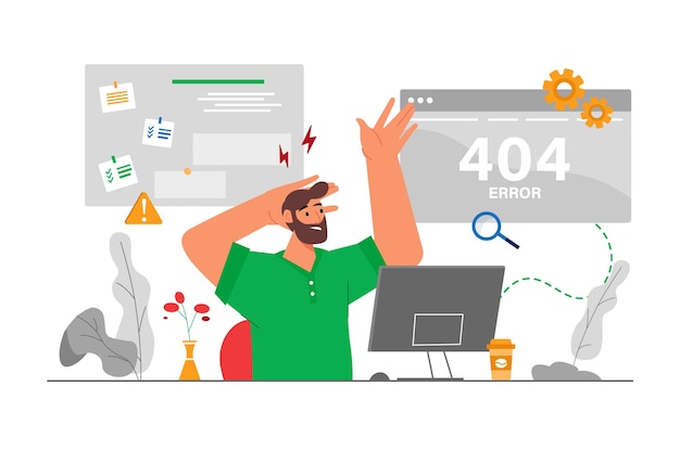 404 not found gray concept with people scene in the flat cartoon design Programmer is worried