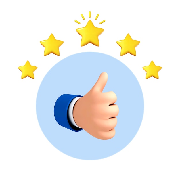 43d cartoon hand thumb up for success or good feedback five star rating positive concept and like symbol customer review rating and client feedback concept vector 3d illustration