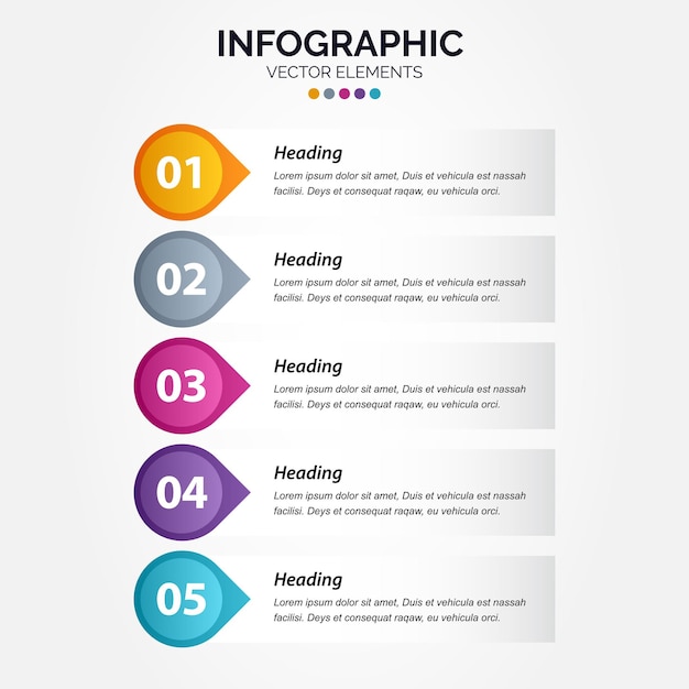 5 seçenekli veya adımlı vektör dikey infografik ok tasarımı. İş konsepti için dikey infografik