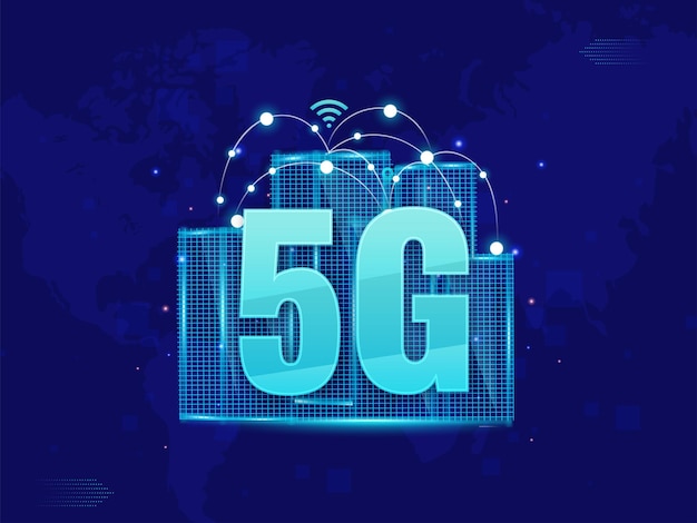 5G Network Connectivity Residential Buildings On Blue Worldwide Background