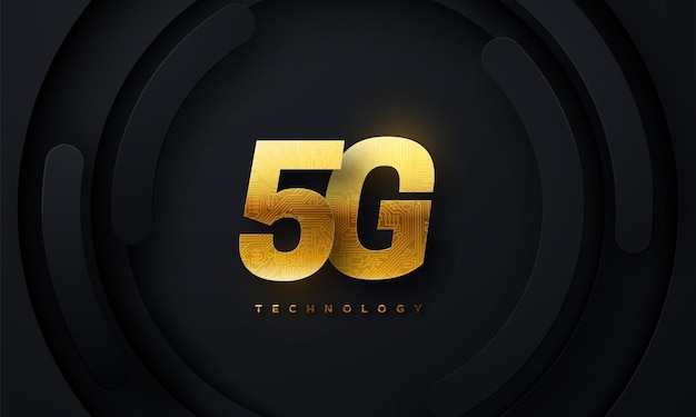 5G technology golden sign with circuit board texture on black geometric background