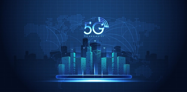 5G technology with computer network connection line between building Connectivity and global networks systems and internet of things concept vector design