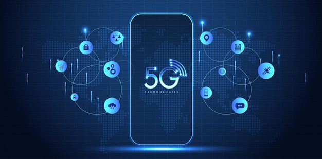 5G-teknik med dator och mobilnätverksanslutningslinje mellan byggnader Anslutning och globala nätverkssystem och koncept för Internet of Things, vektordesign