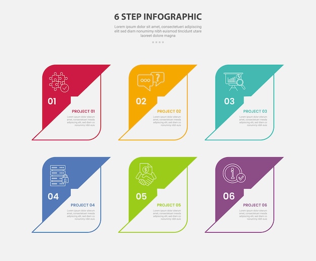 6 points template infographic outline style with 6 point step template with creative box container with half slice skew for slide presentation