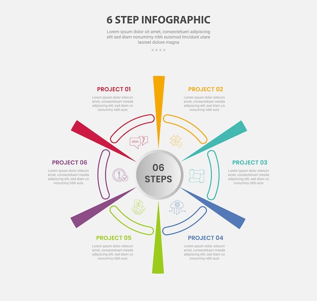 6 points template infographic outline style with 6 point step template with creative circular cycle with sharp line for slide presentation