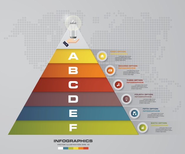 6-trins pyramide med fri plads til tekst på hvert niveau.