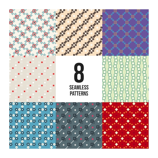 8 adet renkli pikselli desen seti. Çocuksu tarz. Ambalaj ve tekstil design için kullanışlıdır.