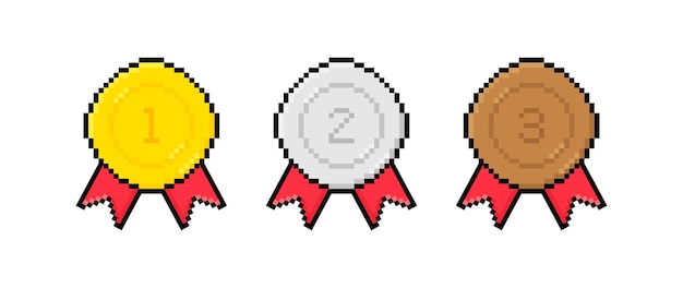 8 bit pixel art gold silver bronze medal with red ribbon 1st 2nd and 3rd places Vector illustration