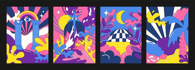 90s groovy posters Cartoon psychedelic style Bright hippie characters and retro elements