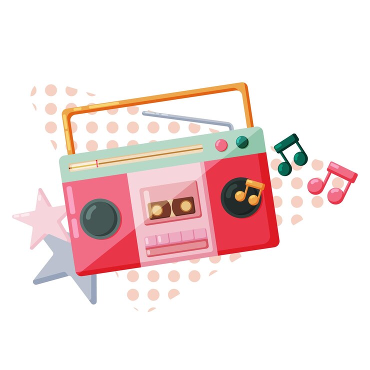 Vektör 90s retro elements pink music tape recorder with notes and stars flat style vector illustration