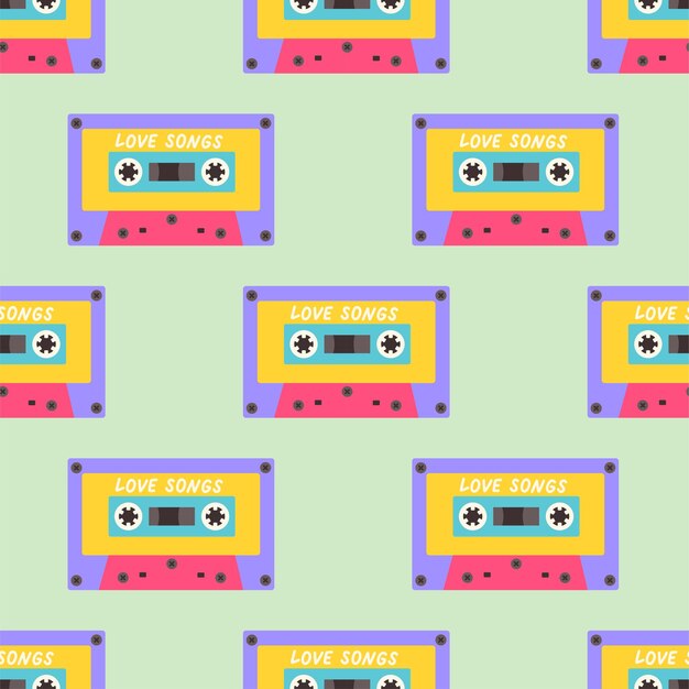 90s seamless pattern with audio cassette vector background with stickers pins patches in cartoon