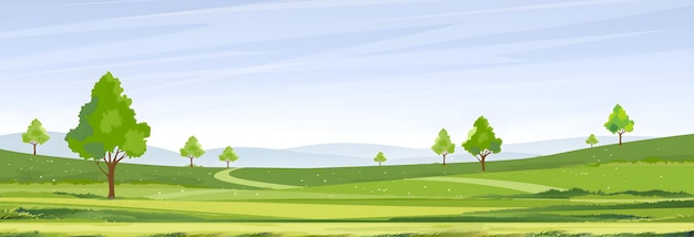 A beautiful landscape with trees and green fields under a blue sky