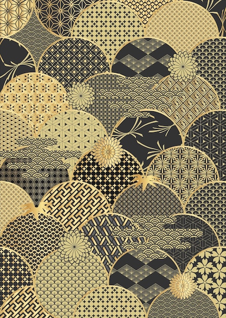 A black and gold japanese pattern with a sunburst design.