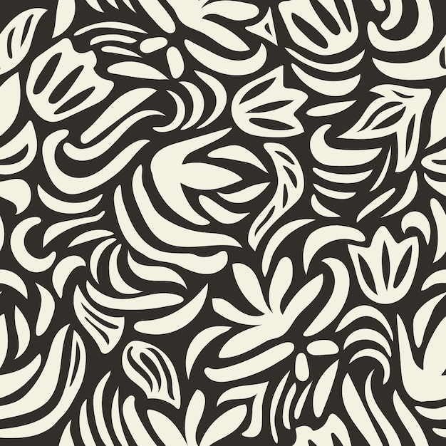 a black and white background with flowers and leaves