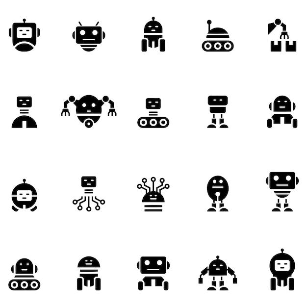 a black and white collection of robots and a robot
