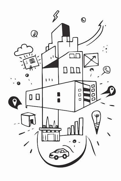 a black and white drawing of a building with a picture of a house and a sign that says home